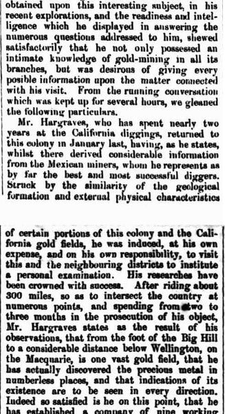 DISCOVERY OF AN EXTENSIVE GOLD FIELD. (1851, May 15). The Sydney Morning Herald (NSW : 1842 - 1954), p. 3. Retrieved July 20, 2021, from http://nla.gov.au/nla.news-article12927091