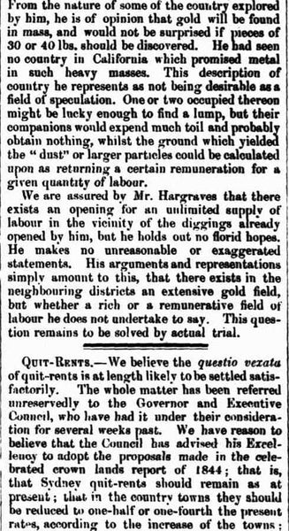 DISCOVERY OF AN EXTENSIVE GOLD FIELD. (1851, May 15). The Sydney Morning Herald (NSW : 1842 - 1954), p. 3. Retrieved July 20, 2021, from http://nla.gov.au/nla.news-article12927091