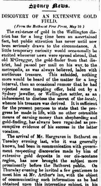 DISCOVERY OF AN EXTENSIVE GOLD FIELD. (1851, May 15). The Sydney Morning Herald (NSW : 1842 - 1954), p. 3. Retrieved July 20, 2021, from http://nla.gov.au/nla.news-article12927091