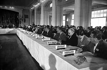 Delegates attend the Bretton Woods conference in July of 1944 at the Mt. Washington Hotel in Bretton Woods, New Hampshire