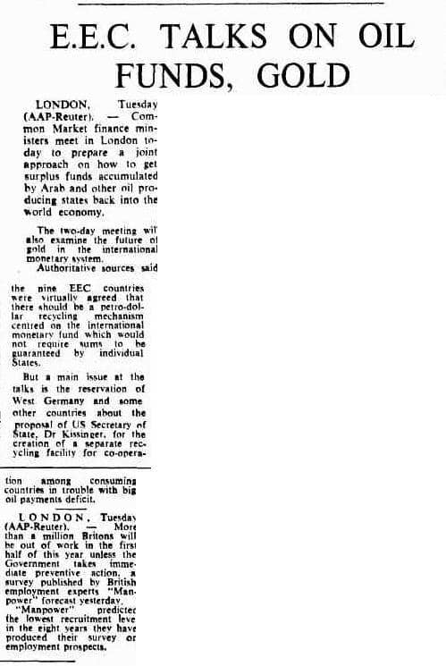 Newspaper Article - EEC TALKS ON OIL FUNDS GOLD - CANBERRA TIMES JAN 8 1975