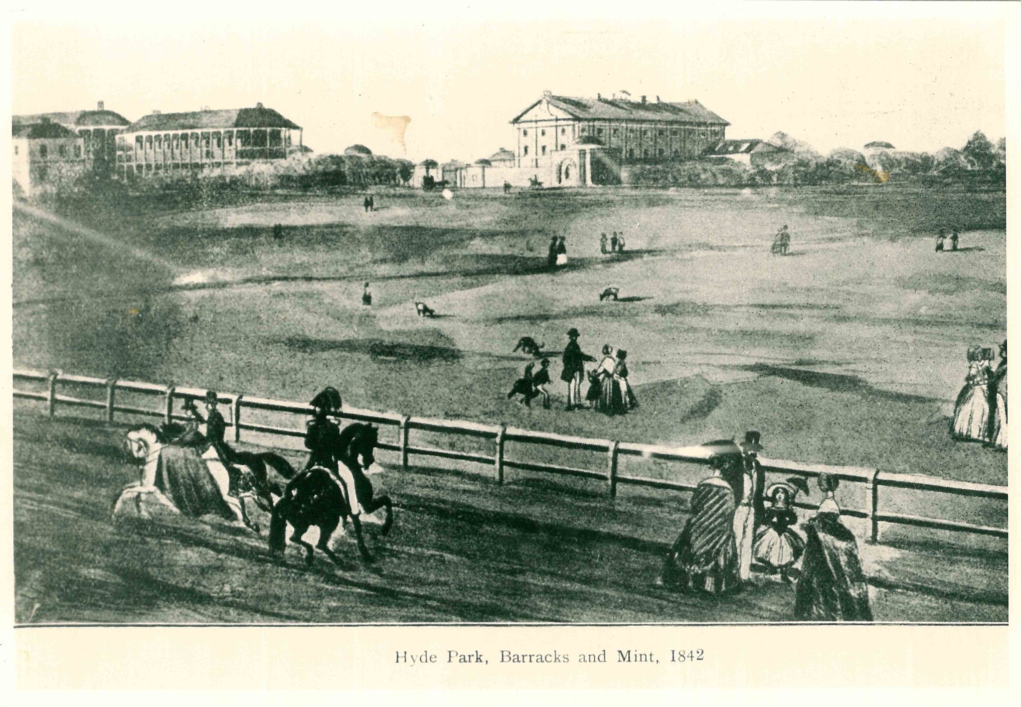  Early illustration of Hyde Park and Barracks Sydney, 1842. City of Sydney Archives View of the northern end of Hyde Park showing Hyde Park Barracks and Mint Building in background with horse racing track. Showing men, women and children.
