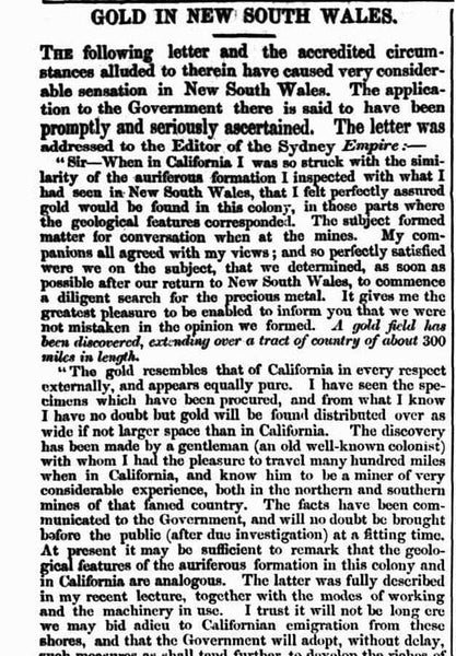 GOLD IN NEW SOUTH WALES. (1851, May 10). Adelaide Observer (SA : 1843 - 1904), p. 7. Retrieved July 20, 2021, from http://nla.gov.au/nla.news-article165043135