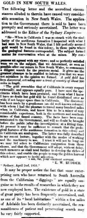 Gold in NSW - article published  5 MAY 1851 - South Australian Register