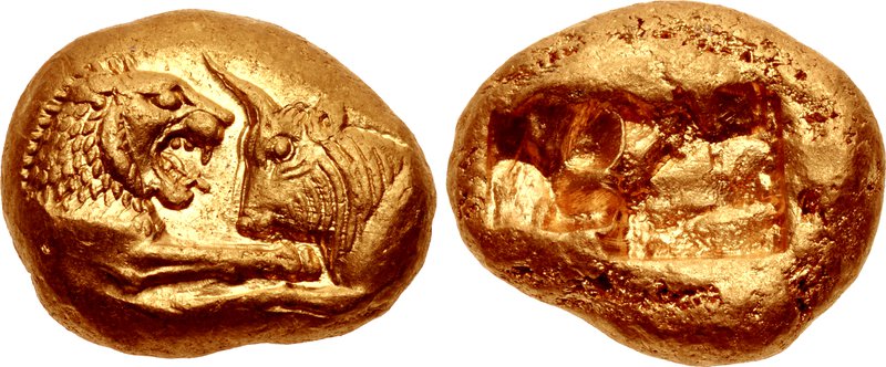 Gold coin of Croesus, Lydian, around 550 BC, found in what is now modern Turkey