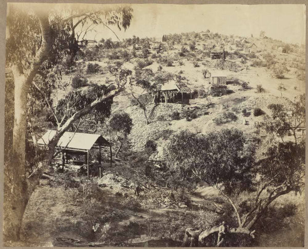 Gold mines on hillside, with man in lower right foreground, Hill End, New South Wales, ca.1872 https://nla.gov.au:443/tarkine/nla.obj-148022640