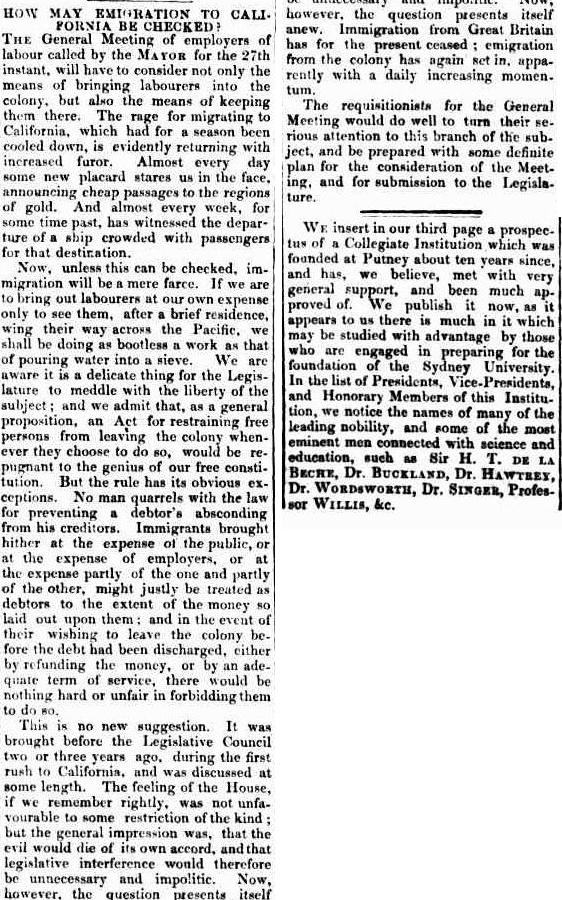 HOW MAY EMIGRATION TO CALLFORNIA BE CHECKED? (1851, March 8). The Sydney Morning Herald (NSW : 1842 - 1954), p. 4. Retrieved April 29, 2021