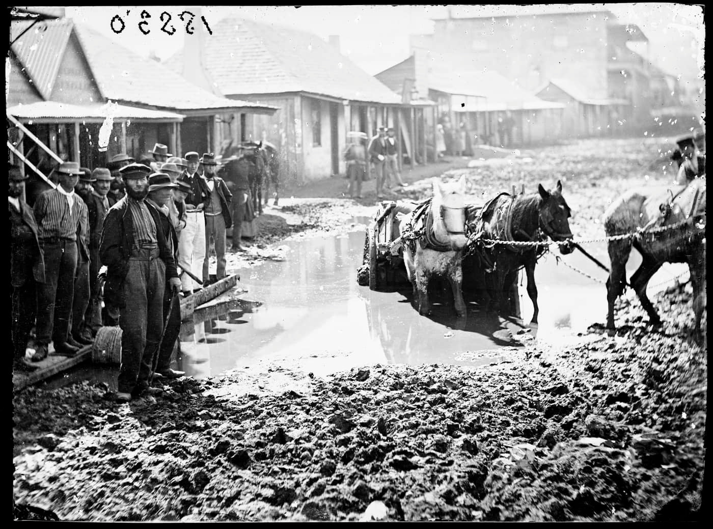 Horse and cart bogged in what was originally a gold digging outside Meares flooded Criterion Store, Clarke Street, Hill End - c1872 The Holterman Collection