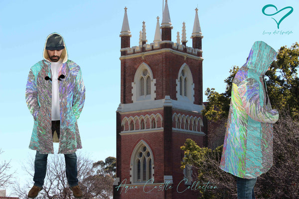 Aqua Castle Collection Extruded 3D design, complex design and deep colours, mens winter fashion cloak, warm coat, designer fashion living art lifestyle Rainbow Coloured