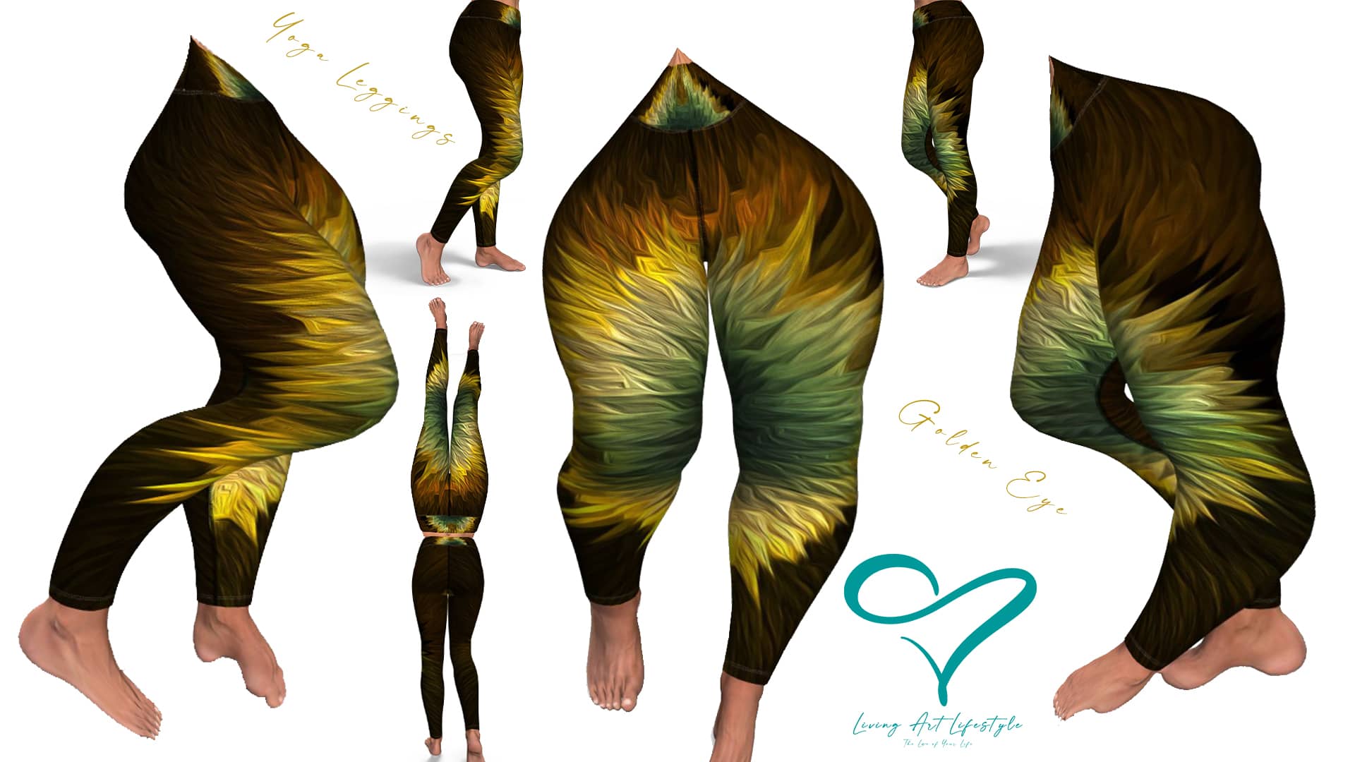 Golden Eye collection yoga leggings, colourful extruded pattern