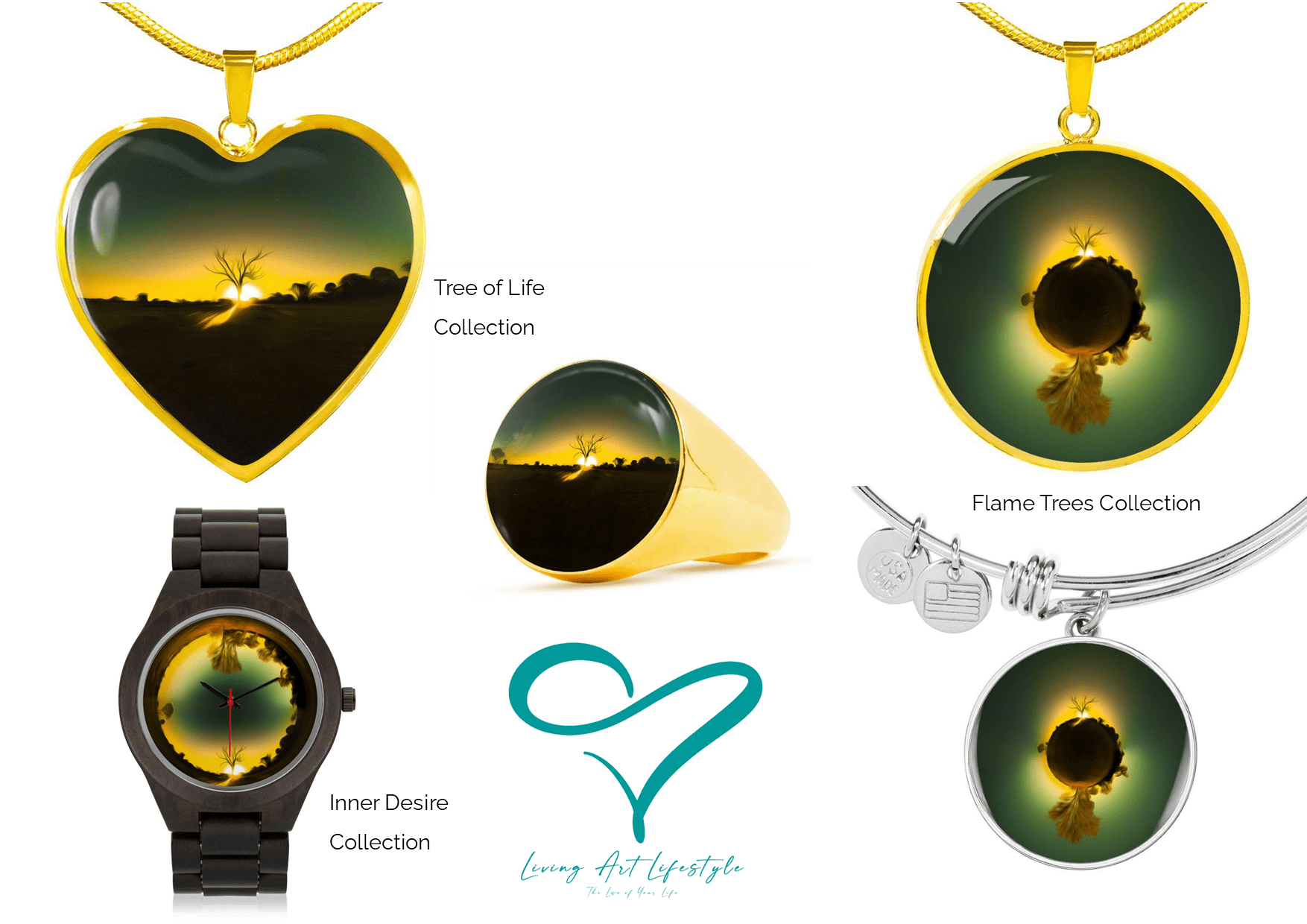 Living Art Lifestyle - Tree of Life, Flame Trees Inner Desire jewelery Collections - Heart Pendant, circle pendant designer watch, bracelet, gold ring