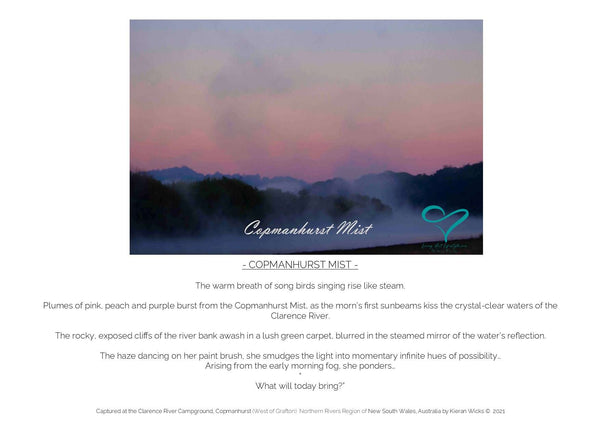 COPMANHURST MIST DESIGN COLLECTION - LIVING ART LIFESTYLE - DESIGN STORY BACKGROUND DIGITAL ART - COPMANHURST CAMPGROUND NORTHERN RIVERS NEW SOUTH WALES SUNRISE ON A MISTY MORNING ON THE CLARENCE RIVER