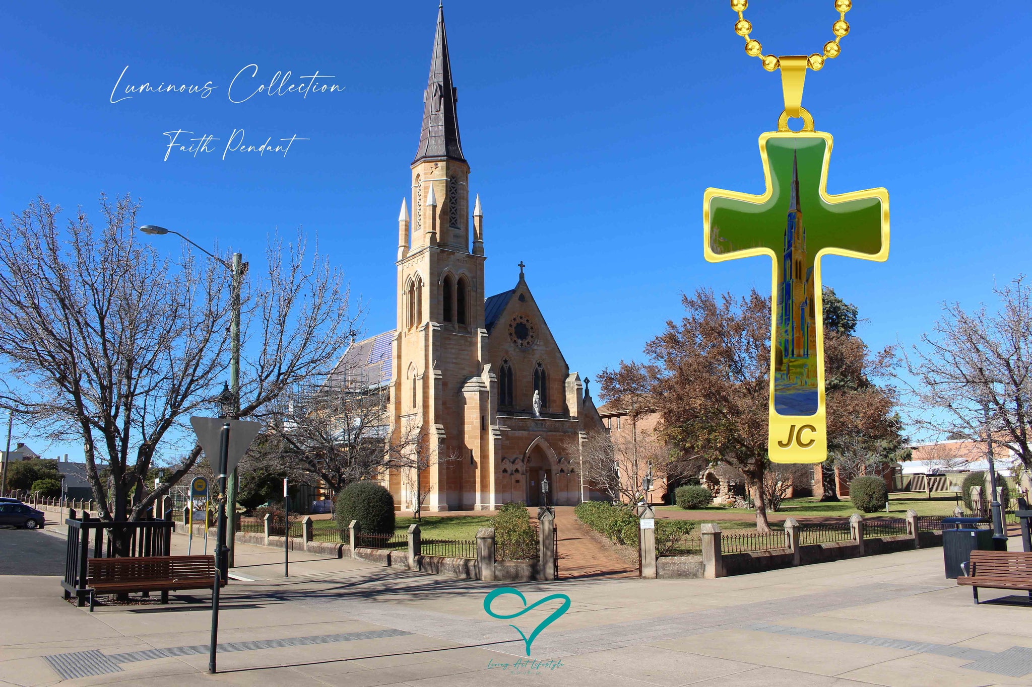 Luminous Collection Faith Pendant Jewelry Crucifix, cross, gold featuring the Catholic Church Mudgee Mid West Region NSW, Living Art Lifestyle, One Town at a Time, Kieran Wicks