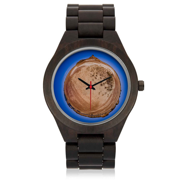 Wooden watch made of Rare sandalwood. Living Art Lifestyle The monolith design, outback landscape of 360 VR little planet perspective, gift idea, gifts for him, time piece