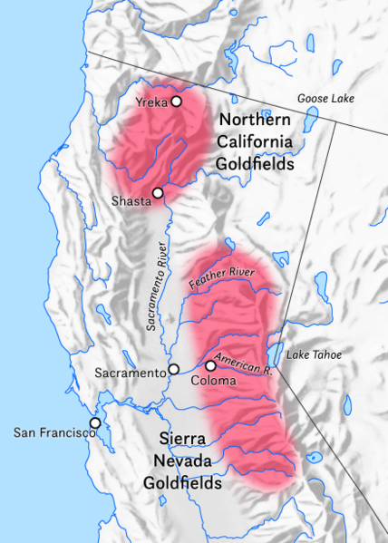Map of the areas in Northern California to which gold prospectors flocked
