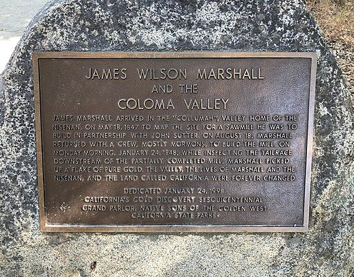 James Wilson Marshall and the Coloma Valley plaque at Marshall Gold Discovery State Historic Park in Coloma, California