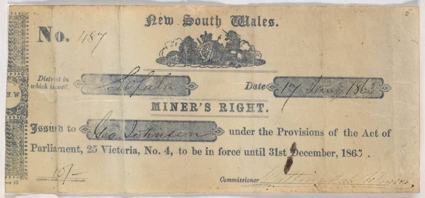 Miners Right License NSW Gold Fields