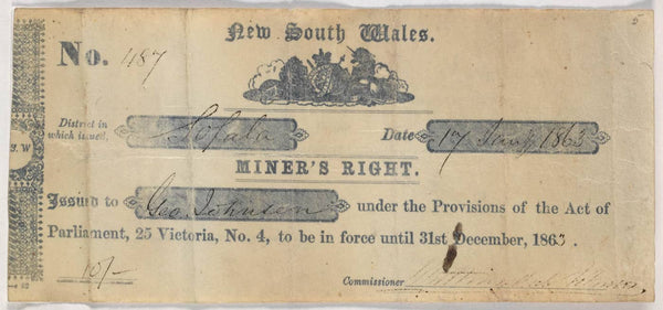 Miner's Right, license for George Johnson, 1814-1917. (1863). https://www.sl.nsw.gov.au/collection-items/miners-right-license-george-johnson-1814-1917