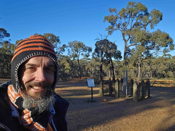 Moliagul Victoria site of the "Welcome Stranger" World's largest Gold Nugget ever discovered. Musician Kieran Wicks in front of historical monument