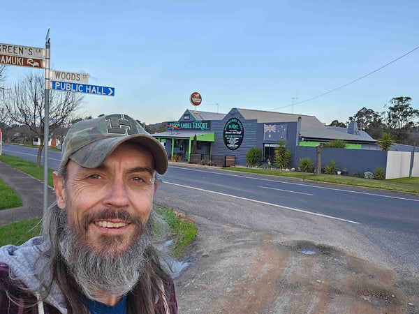 Moonambel Victoria Gold Fields Town Musician Kieran Wicks standing in front of the Moonambel Resort Hotel