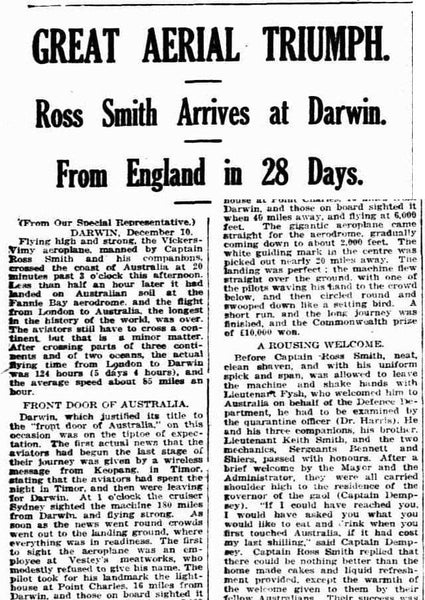 1919 'GREAT AERIAL TRIUMPH.', The Week (Brisbane, Qld. : 1876 - 1934), 19 December, p. 12. , viewed 29 Nov 2023, http://nla.gov.au/nla.news-article192745960