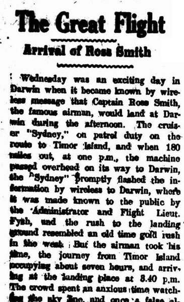 1919 'The Great Flight', Northern Territory Times and Gazette (Darwin, NT : 1873 - 1927), 13 December, p. 5. , viewed 29 Nov 2023, http://nla.gov.au/nla.news-article3299549