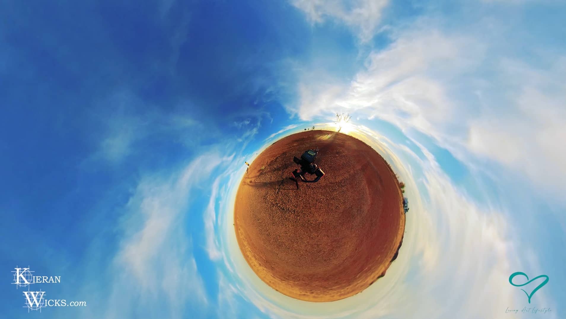 ONE TOWN AT A TIME EP 4 SCREENSHOT 2 - QLD OUTBACK SUNSET GO PRO 360VR LITTLE PLANET B, RED EARTH SAND DEAD TREE IN SUNSET BARCALDINE