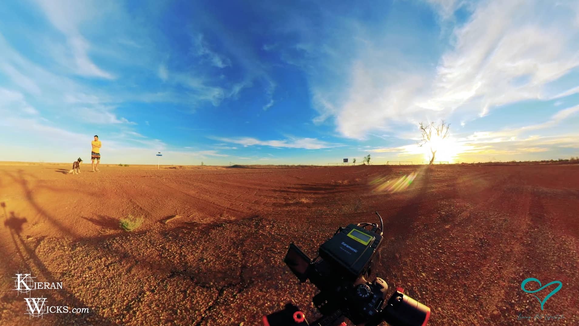 ONE TOWN AT A TIME EP 4 SCREENSHOT 5 - QLD OUTBACK SUNSET GO PRO 360VR OVERCAPTURE B RED EARTH SAND DEAD TREE IN SUNSET BARCALDINE