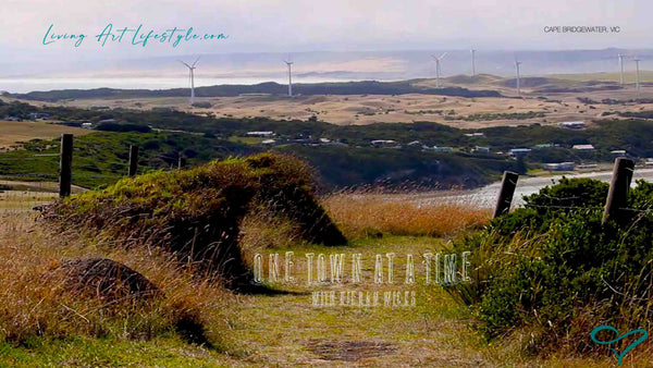 Cape Bridgewater Victoria Clifftop view from the cape looking back at the mainland wind turbines and dunes in the distance