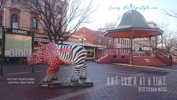 Rhinocerous Statue promoting Dubbo Zoo in front of Dubbo Rotunda in centre of town