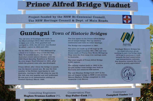 THE PRINCE ALFRED VIADUCT - GUNDAGAI, SOUTH WEST SLOPES NSW Wooden Rail Bridge Murrumbidgee River Historical Information Sign 