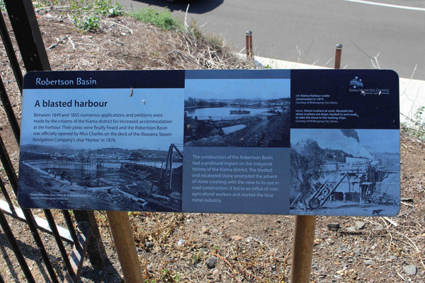 Basalt for Sydney, historical information sign about Australia's Blue Metal industry founded in Kiama South Coast NSW