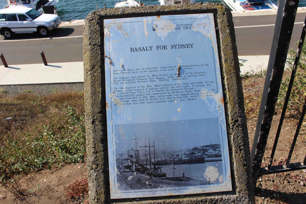 Basalt for Sydney, historical information sign about Australia's Blue Metal industry founded in Kiama South Coast NSW