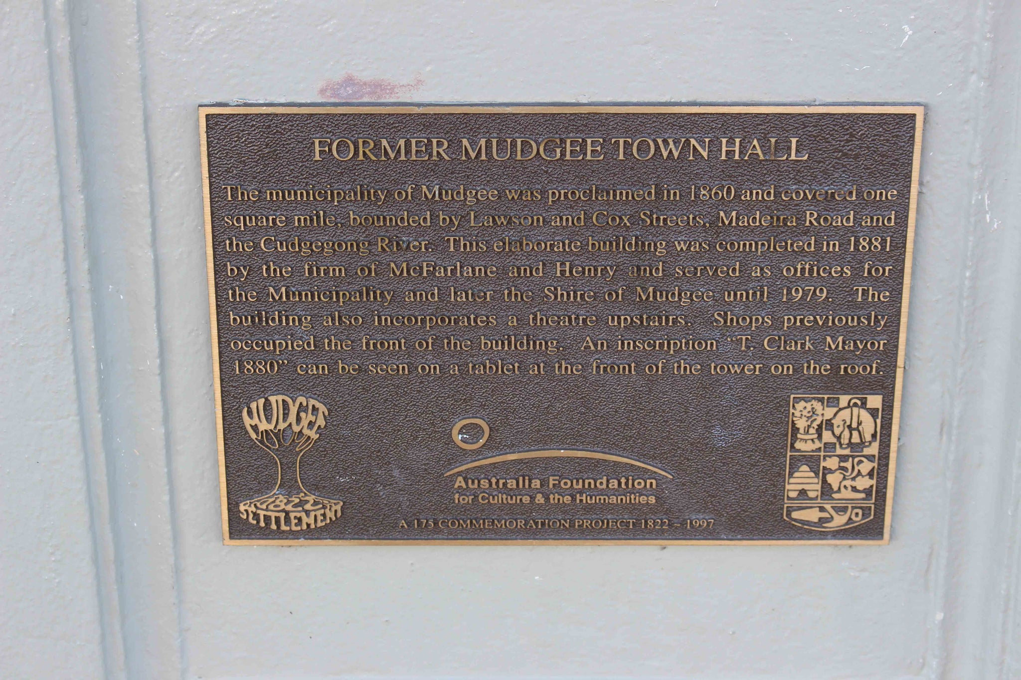 Mudgee Town hall commemorative plaque  old Town Hall near Mudgee. Pioneer Ruins, Louisa Lawson One Town at a Time, Kieran Wicks, Living Art Lifestyle. 