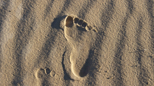 Kieran Wicks' Footprint in sand on Fraser Island filming One Town at a Time Series for Living Art Lifestyle 