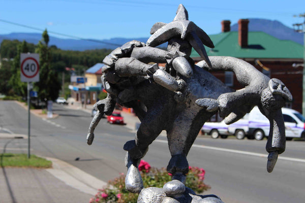 Balance by Pip Stanley, statue of acrobats and jesters on the main street of Deloraine, Tasmania.