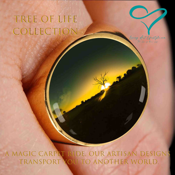 Tree of Life Collection Gold Ring Designer Jewelry Tree in Desert Sunset Yellow and black outback scene 360 little planet image