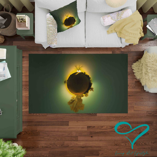 Flame Tree Rug Collection Tree of Life Floor Rug Tree in Desert Sunset Green Yellow and black outback scene 360 little planet image