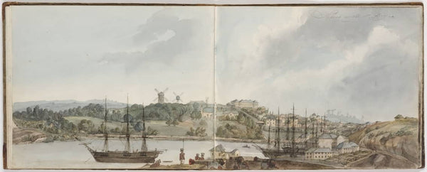 The 3 wings of Sydney's General Hospital on Macquarie Street adorn the ridge over the town of Sydney in this watercolour 'Sydney in all its glory', from the sketchbook of Edward Charles Close entitled Sea Voyage, Sydney, Illawarra, Newcastle, Morpeth, c1817-1840