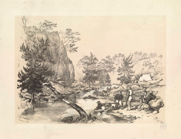 Sketches in Australia plates from G. F. Angas - six views of the gold field of Ophir ... Sydney, Woolcottt, and Clarke, 1851 - 1 - Gold Washing at Summer Hill