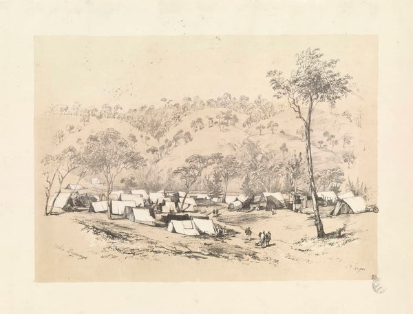 Sketches in Australia plates from G. F. Angas - six views of the gold field of Ophir Sydney, Woolcottt, and Clarke, 1851 - 2 - Encampment of Diggers