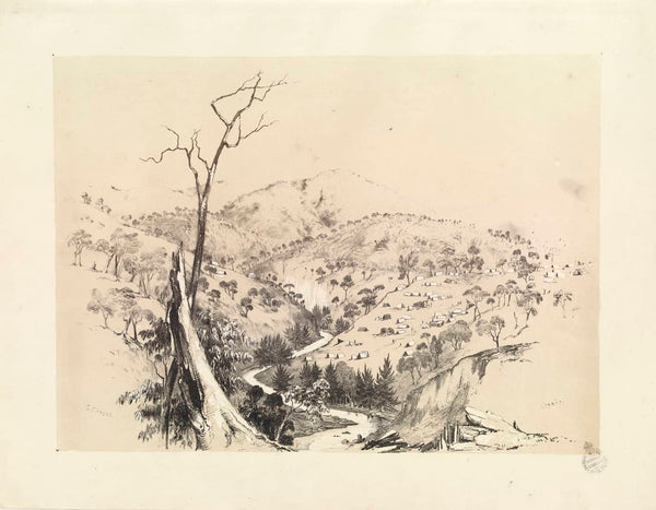 Sketches in Australia plates from G. F. Angas - six views of the gold field of Ophir ... Sydney, Woolcottt, and Clarke, 1851 - 6 - Summerhill Creek and part of Church Hill in the distance