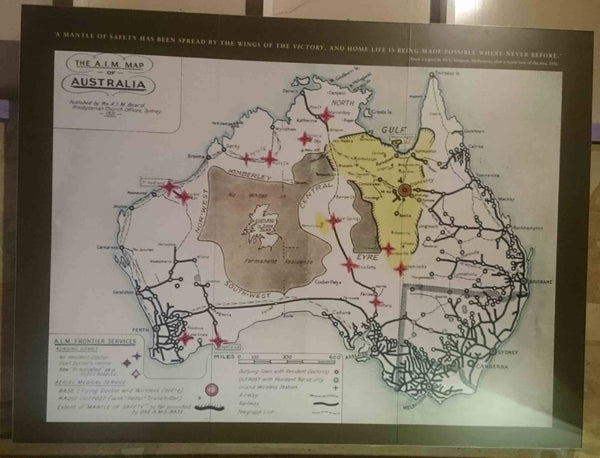A map of the Australian Inland Mission, the predecessor to John Flynn's Royal Flying Doctor Service, found at the Stockmans Hall of Fame Longreach. 