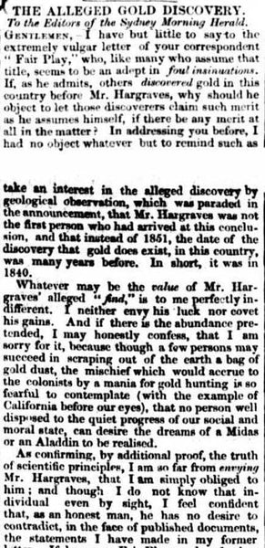 THE ALLEGED GOLD DISCOVERY. (1851, May 15). The Sydney Morning Herald (NSW : 1842 - 1954), p. 3. Retrieved July 20, 2021, from http://nla.gov.au/nla.news-article12927087