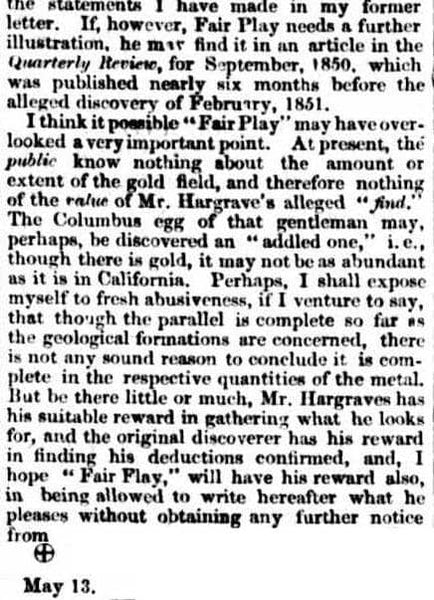 THE ALLEGED GOLD DISCOVERY. (1851, May 15). The Sydney Morning Herald (NSW : 1842 - 1954), p. 3. Retrieved July 20, 2021, from http://nla.gov.au/nla.news-article12927087