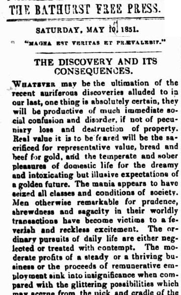 THE DISCOVERY AND ITS CONSEQUENCES - Bathurst Free Press Article 1851 - GOLD