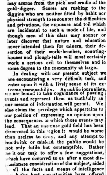 THE DISCOVERY AND ITS CONSEQUENCES - Bathurst Free Press Article 1851 - GOLD