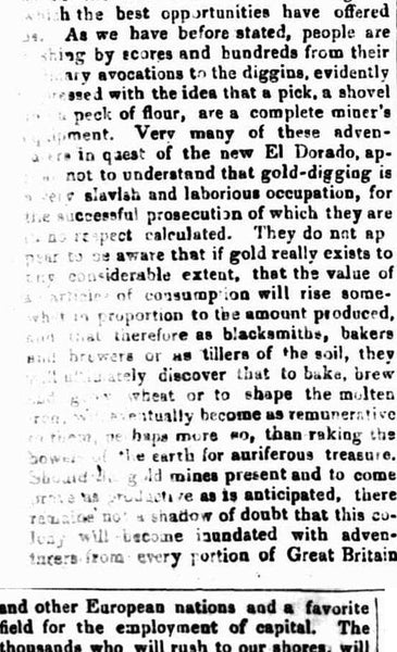THE DISCOVERY AND ITS CONSEQUENCES - Bathurst Free Press Article 1851 - GOLD