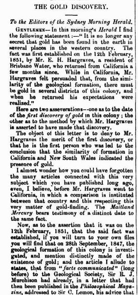 THE GOLD DISCOVERY. (1851, May 7). The Maitland Mercury and Hunter River General Advertiser (NSW : 1843 - 1893), p. 3. Retrieved July 20, 2021, from http://nla.gov.au/nla.news-article684186