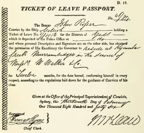 NSW Colonial Government - Convict Ticket of Leave Passport